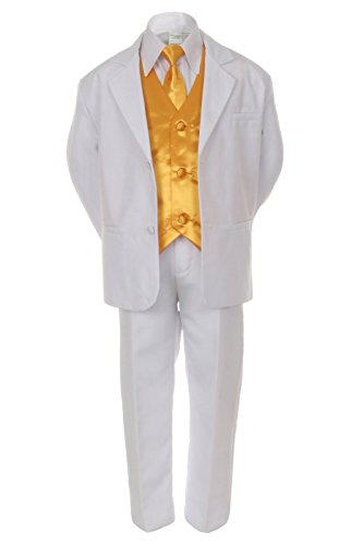 7pc YELLOW Vest Necktie Boy Baby Toddler Kid White Formal Suit Tuxedo S-20 (Large (12-18 months))