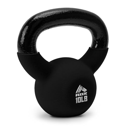 RBX Neoprene Kettlebell Wide Handle Iron Core Flat Bottom Great for All Fitness Levels (Black 10.0 Pounds)