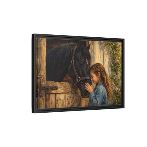Art mural animaux fille et cheval tableau moderne cadre noir horizontal 60x40
