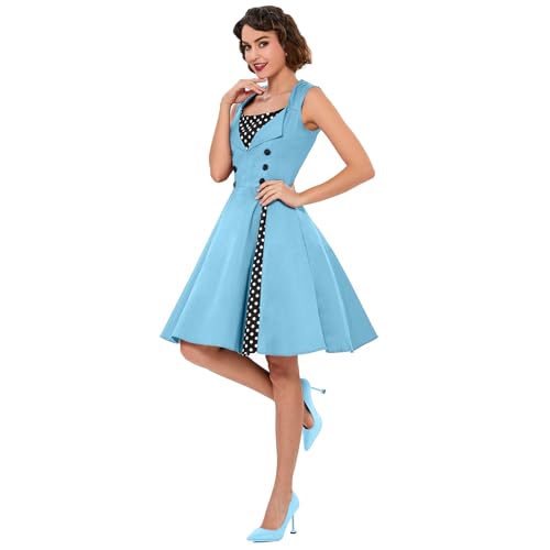 Image of KILLREAL Women's Polka Dot Retro Vintage Style Cocktail Party Swing Dress | 1950 Pinup Style, Sleeveless, Side Zipper, Knee Length, A-Line Dress