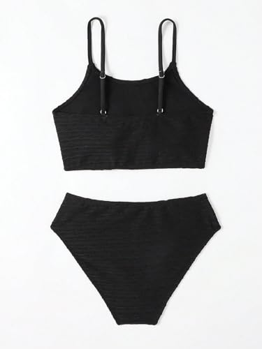 Image of WDIRARA Girl's 2 Piece Solid Ruched Swimwear Set Textured Tankini Tops and Bikini Bottoms Swimwear Sets Bathing Suit Black 9Y