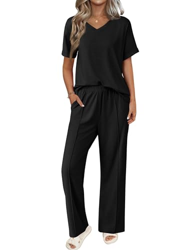 Image of Ekouaer Pajamas for Women Set 2 Piece Short Sleeve Tops with Long Pants V Neck Soft Pjs Casual Lounge Set with Pockets
