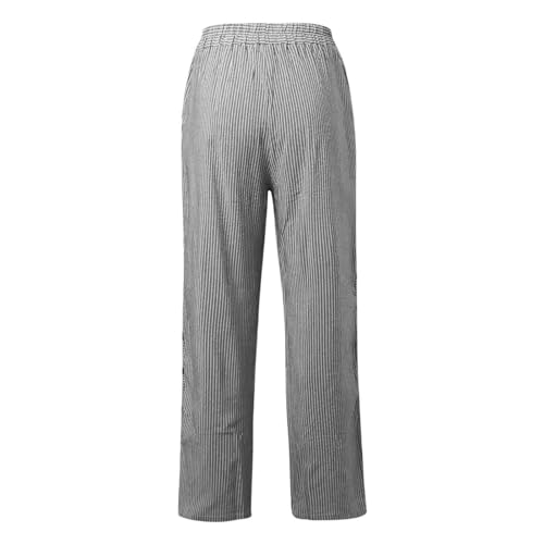 Summer Pants for Women Striped Printed Button Pants Cotton Linen Casual Straight Leg Trousers with Pocket4