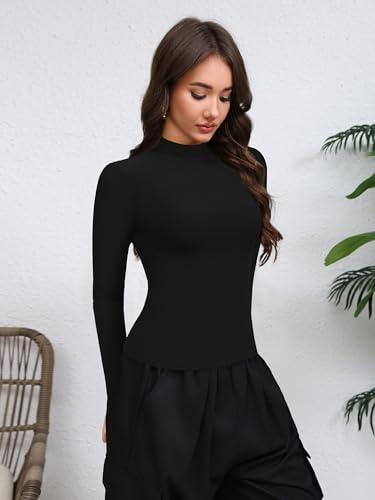 Laughido Women's Mock Neck Long Sleeve Slim Fit Double Lined T-Shirt Casual Basic Crop Tops 2025 Fall Clothes3