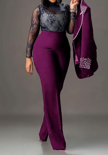 Tcremisa Womens Fashion Pants Suit 2 Piece Business Outfits Pearls Long Sleeve Blazer and Slim Fit Pants Sets2