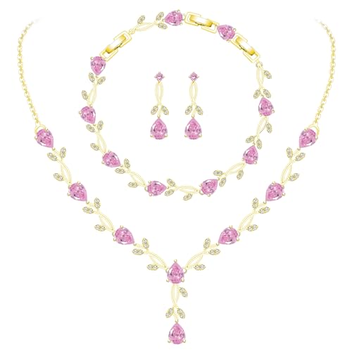 Image of GZWHD Wedding Jewelry Sets for Bride Bridesmaid Women Cubic Zirconia Necklace Earrings Bracelet Set Gift for Mother Friend Wife Daughter Sister Party Prom Jewelry