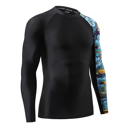 HUGE SPORTS Men's Rash Guard Long Sleeves UPF 50+ UV Sun Protection Quick Drying Splice Compression Swim Shirts