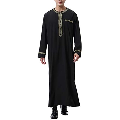 Mens Muslim Clothing Arab Robe for Male Kaftan Abaya Islamic Long Sleeve Jalabiya Gown XL Black Cover