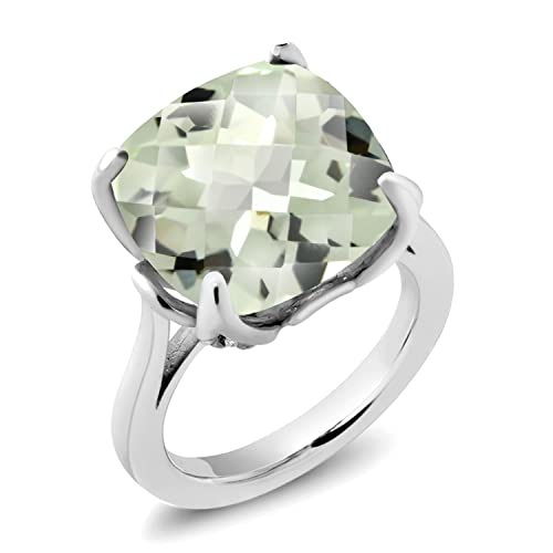 Gem Stone King 9.72 Cttw Green Prasiolite Engagement Ring For Women | 925 Sterling Silver | 14MM Cushion Checkerboard | Gemstone Birthstone | Available in Size 5,6,7,8,9