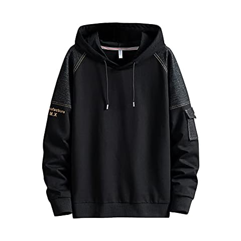 Men's Hoodie Contrast color Patchwork Hoodie Big Pockets, 288black, Large Cover