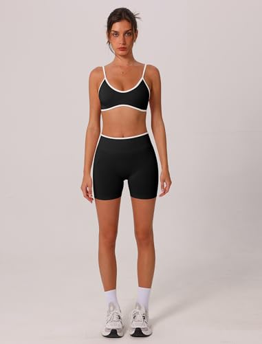 ABOCIW Workout Sets for Women Color Block Sports Bra Hidden Scrunch High Waist Biker Shorts 2 Piece Gym Yoga Outfits4