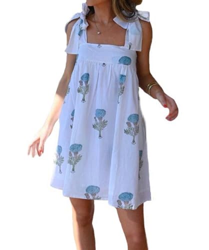 Image of Women Tie Shoulder Mini Dress Floral Ruffle Babydoll Dress Boho Square Neck Sundress Cute Summer Dresses