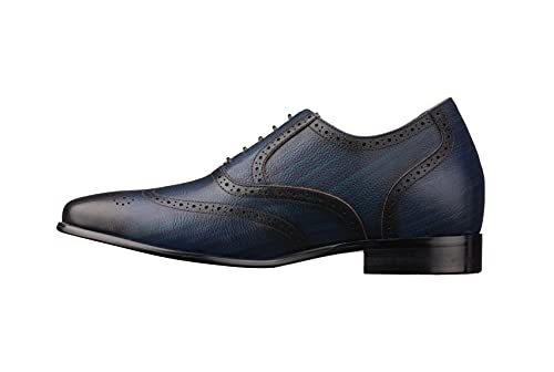 CALTO Men's Invisible Height Increasing Elevator Shoes - Dark Blue Premium Leather Lace-up Wing-tip Dress Formal Oxfords - 2.8 Inches Taller - K20812 - Size 12 D(M) US3