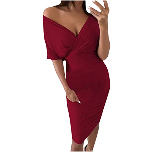 RKaixuni Robe moulante sexy pour femme - Col en V profond - Manches courtes - Longueur genou - Pour cocktail, fête, travail, soirée, bordeaux, XL Cover