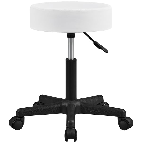 Yaheetech Taburete Giratorio sobre Ruedas, Taburete Rodante Regulable, 46-61.5 cm,Asiento Tapizado de Polipiel Sintético,para Hogar Oficina,Estudio,Tatuajes Salón,Masajes Centro,Belleza,Blanco