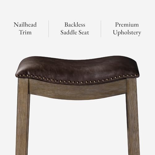 Image of Maven Lane Adrien Backless Counter Stool - Set of 3 - 26 Inches - Saddle Stool with Footrest - Brown Solid Wood Frame & Dark Brown Faux Leather Upholstery - Perfect for Kitchen Islands & Counters