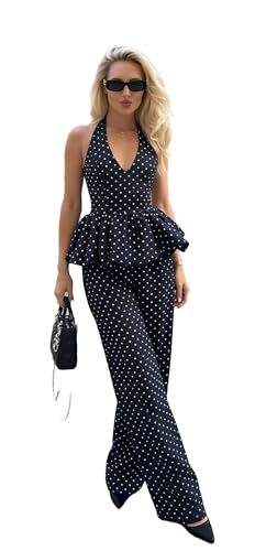 TELUPDI Two Piece Skirt Set for Women Retro Sleeveless Halter Top Long Trousers Polka Dot Matching Summer Outfit Casual (BLACK X-Small)