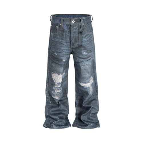 Men’s High Street Wave Jeans, Punk Summer Style, Blue Denim, Undulating Straight Leg Trousers