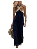SOLY HUX Women's Summer Maxi Dress Criss Cross Halter Sleeveless Color Block Flowy Long Dresses Dark Blue Colorblock Small