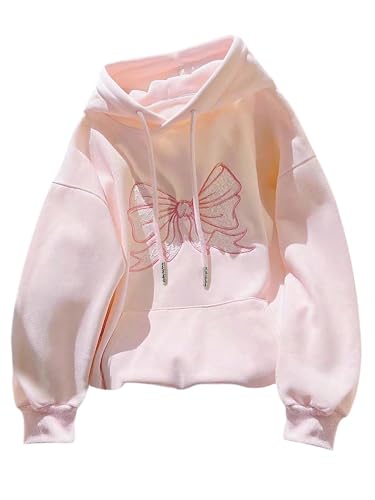 Verdusa Womens Coquette Lace Bow Hoodie Sweatshirts Drawstring Fall Pullover Tops with Pockets Pink Medium