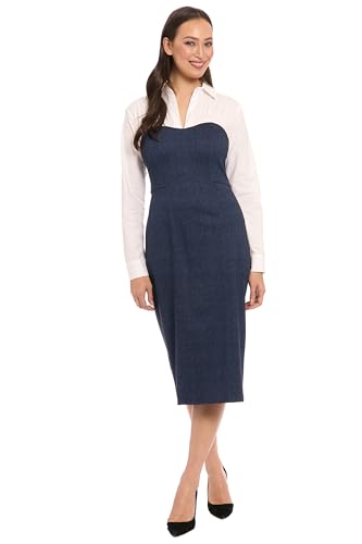 London Times Womens Midi Sheath Dress with Collared Shirt Layer-Form-Fitting Structured Bodice Side Slit Denim Ponte