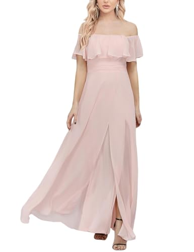 YHHOWEP Women's Formal Dress Off The Shoulder Chiffon Elegant Split A Line Floor Long Flowy Maxi Prom Bridesmaid Evening Gowns Dresses Pink L