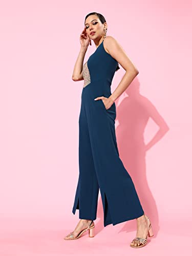 Image of Miss Chase Women's Teal Solid Relaxed Fit Round Neck Sleeveless Regular Length Jumpsuit