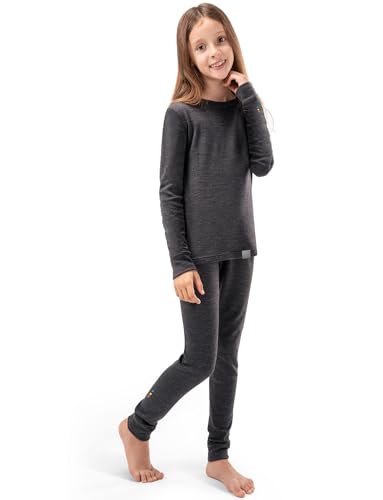 WooLogic 100% Merino Wool Girls Base Layer Set Midweight Thermal Underwear Top Bottom Fleece Lined Thick Warm Skiing (Charcoal Heather L)