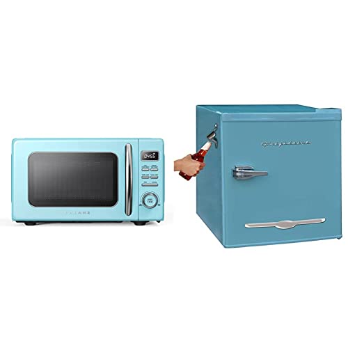 Galanz GLCMKZ07BER07 Retro Countertop Microwave Oven with Auto Cook & Reheat.7 cu ft, Blue & Frigidaire EFR176-BLUE 1.6 cu ft Blue Retro Fridge with Side Bottle Opener. for The Office, Dorm Room