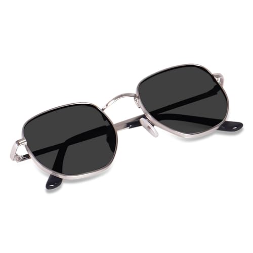 Image of Sheomy Hexagon Glasses Silver Frame Black Shades, Photo Props Unisex Sunglasses (Pack of 1 (Black)) -022