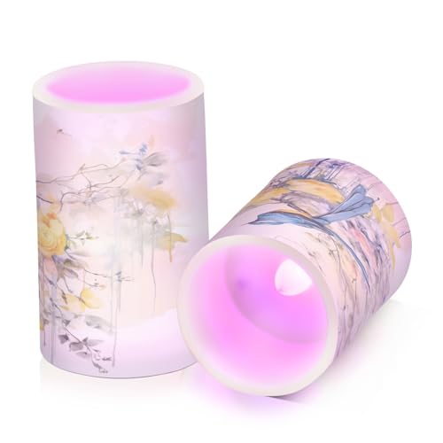 Image of Spring Blue Bird with Yellow Flowers Butterflies Flickering Flameless Candles Battery Operated with Remote Timer,Tea Light Candles LED Pillar Votive Candles set of 2 for Outdoor Indoor Decorations