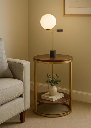 Image of 2 Tier Round Coffee Table with Storage Shelf | MDF Wooden Faux Marble Pattern Top Gold Metal Frame | Side Table, Bedside Nightstand for Living Room Bedroom Balcony Office | Brown Gold (54x40cm)