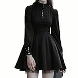 Gothic ins Retro tie Long-Sleeved Dark tie Round Neck Button Waist Thin A-line Pleated Dress Female Prom Dress(S) Black