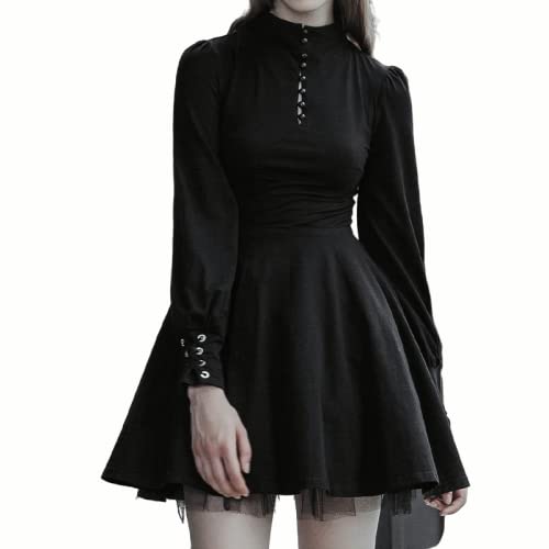 Gothic ins Retro tie Long-Sleeved Dark tie Round Neck Button Waist Thin A-line Pleated Dress Female Prom Dress