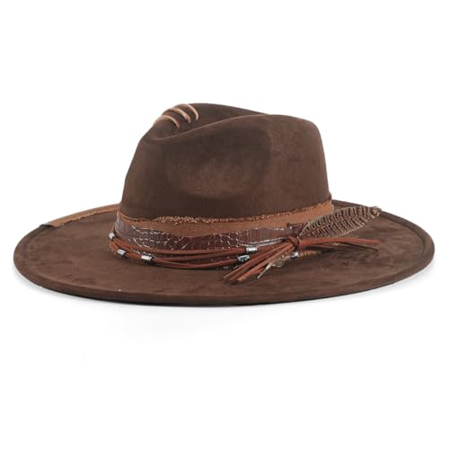 JERRCHEEZUNA Brim Hat for Men Handmade Fedora Women Felt Boho Western Dress Panama Hats M-L Brown