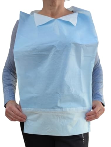 Villaclinic Babero desechable con bolsillo 125 unidades, babero impermeable para adultos y niños con cintas, proteccion alimentacion medidas 65x36