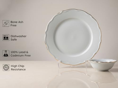 Image of Bodhi House 12-Piece Gold Rim Porcelain Dinner Set | Plates & Bowls Set | Lightweight, Chip Resistant, | Dishwasher Safe | Ideal for Home Dining & Gifting Tableware Set | White