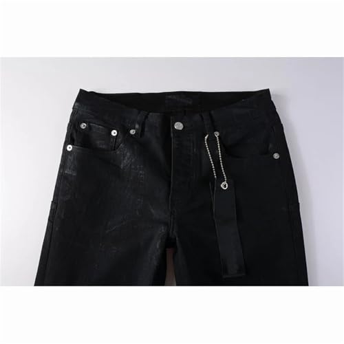 Men High Street Distressed Stretch Skinny Button Fly Ripped Jeans Pants Black Straight Leg Denim Pants2