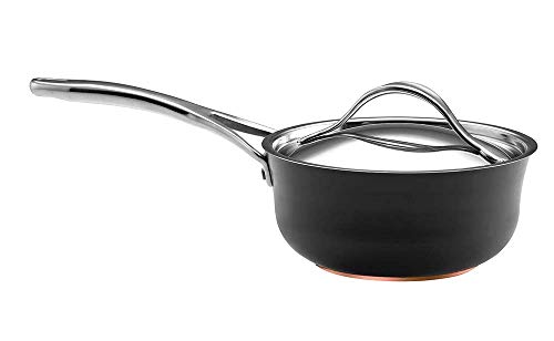 Anolon Nouvelle Copper Hard Anodized Nonstick Sauce Pan/Saucier with Stainless Steel Lid, 2.5 Quart, Dark Gray