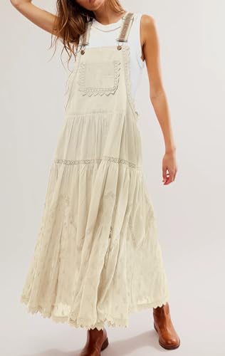 Image of CHARTOU Women Bib Overall Dress Jumper Babydoll Pinafore Dress Embroidered Lace Maternity Straps Suspender Dress