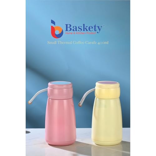 Image of Baskety Small Thermal Coffee Glass Lined Insulated Vacuum Flask for Water & Coffee Dispenser Bottle - 400ml (Yellow)