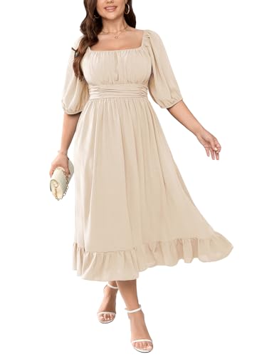 Women's Plus Size Maxi Dress Summer Half Lantern Sleeve Square Neck Smocked Flowy A-Line Elegant Wedding Guest Dresses