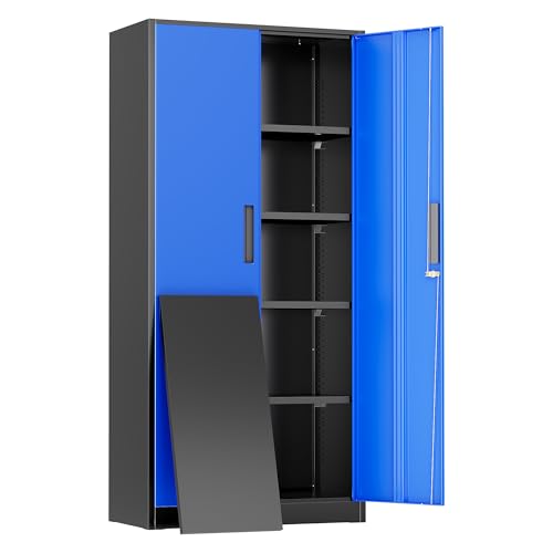 Image of Greenvelly Metal Storage Cabinet, 72 inch Locking Metal Garage Storage Cabinet with Doors and 4 Adjustable Shelves, Lockable Steel Cabinet for Home Office, Garage, Shop, School (Blue 32 inch W x 16 inch D)