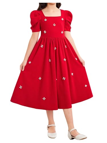 Floerns Girl's Elegant Puff Sleeve Midi Dress Square Neck Birthday Party A Line Dresses