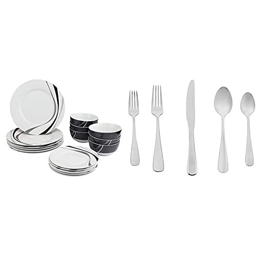 Amazon Basics 18-Piece Kitchen Dinnerware Set, Plates, Dishes, Bowls, Service for 6, Swirl & 20-Piece Stainless Steel Flatware Set with Round Edge, Service for 4