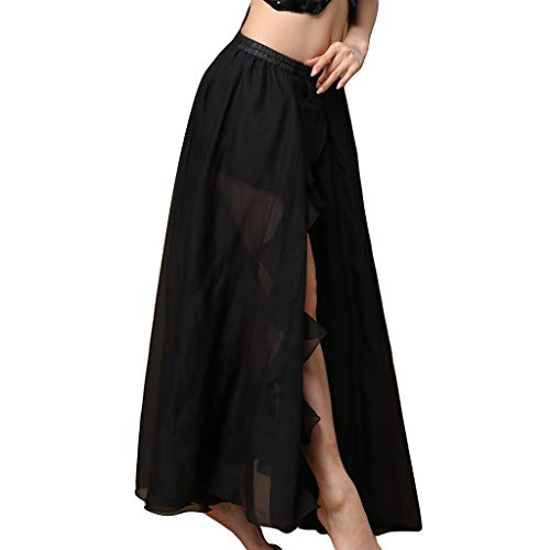 Wuchieal Women's Chiffon Fairy Belly Dance Skirt Belly Dancing Costume One Side Split Tribal Maxi Full Skirts (Black, One Size) #TOP12