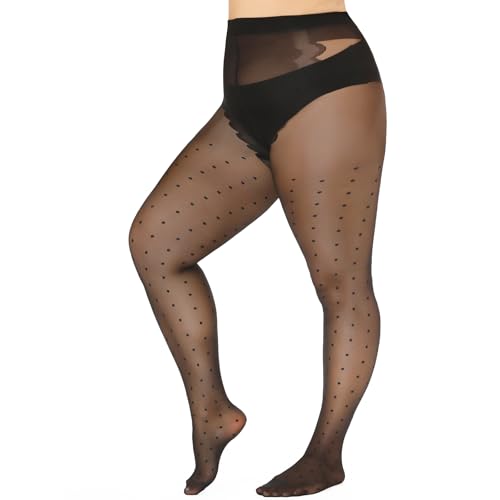 MANZI Plus Size Sheer Pantyhose for Women Black Polka Dot Tights Patterned 20D Sexy Stockings