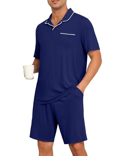PrinStory Mens Pajamas Set Summer Pjs Sets Lightweight Short Sleeve Pajama Soft Sleepwear Loungewear with Pockets