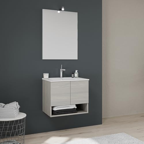 Kiamami Valentina - Mobile bagno sospeso 60cm con ante quercia grigio effetto legno Venezia
