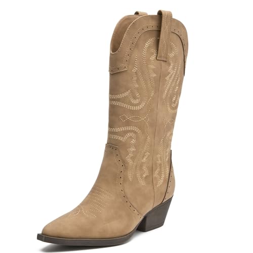 Image of SelRoys Cowboy Boots for Women Cowgirl Mid Calf Western Boots Embroidered Stitched Pointed Toe Chunky Block Heel Brown Red Black US5-11